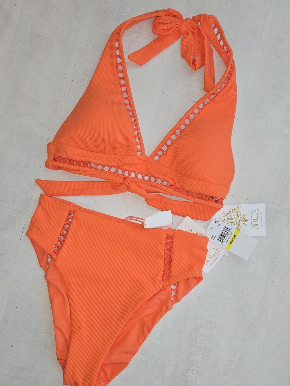 BECCA Orange Ribbed Halter Bikini with Eyelet Trim